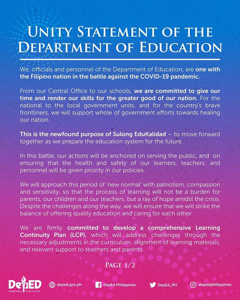 unity statement of the department of education deped deped teachers club