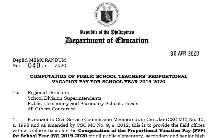 Computation of public school teachers’ proportional vacation pay for school year 2019-2020