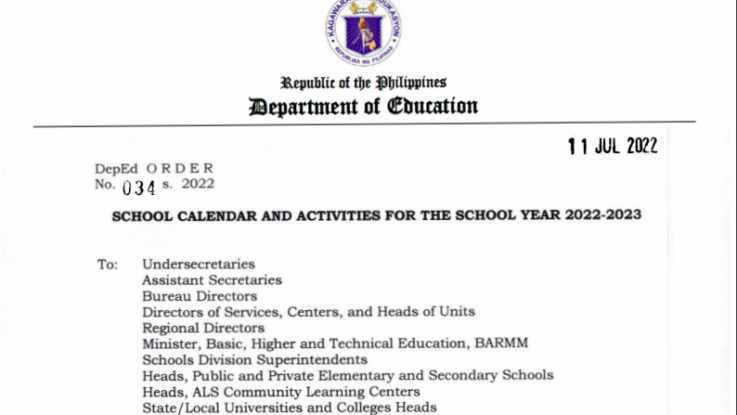 Official School Calendar and Activities for the School Year 2022–2023